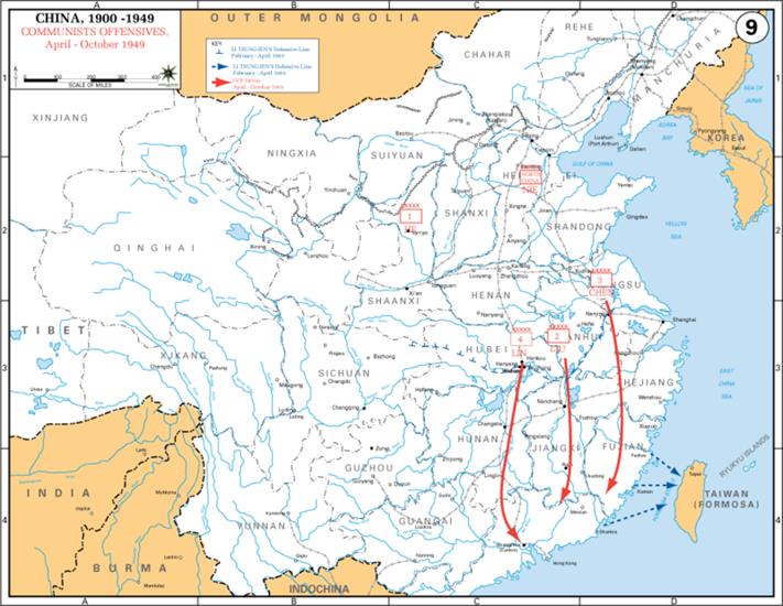 Azja wschodnia - Chiny, Kore... - Końcowe etapy wojny domowej w Chinach w 194...x-Communist_Offensives_April_-_October_1949.png